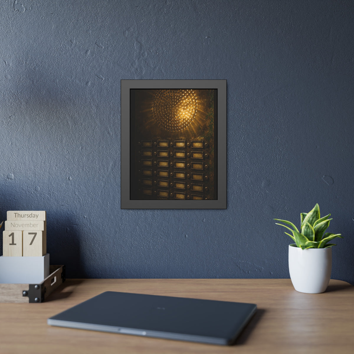 Light glowing through an intercom speaker grille above rows of buttons. Voice Through Perforations by Garabaggio, framed fine art print hanging in a room.