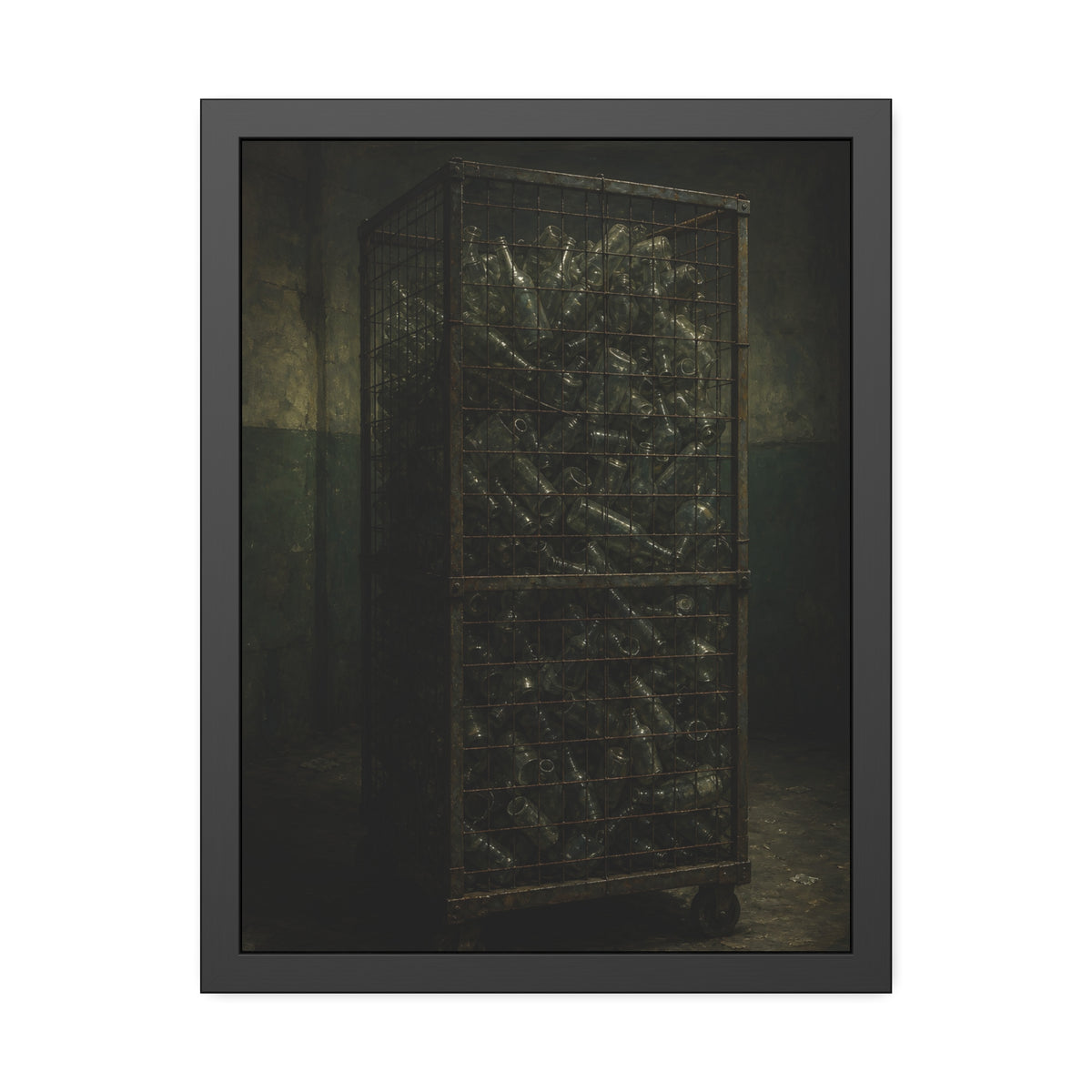 A tall wire cage cart packed with clear bottles in a dim concrete room. The Cage of Clear Glass by Garabaggio, framed fine art print, 18″ x 24″.
