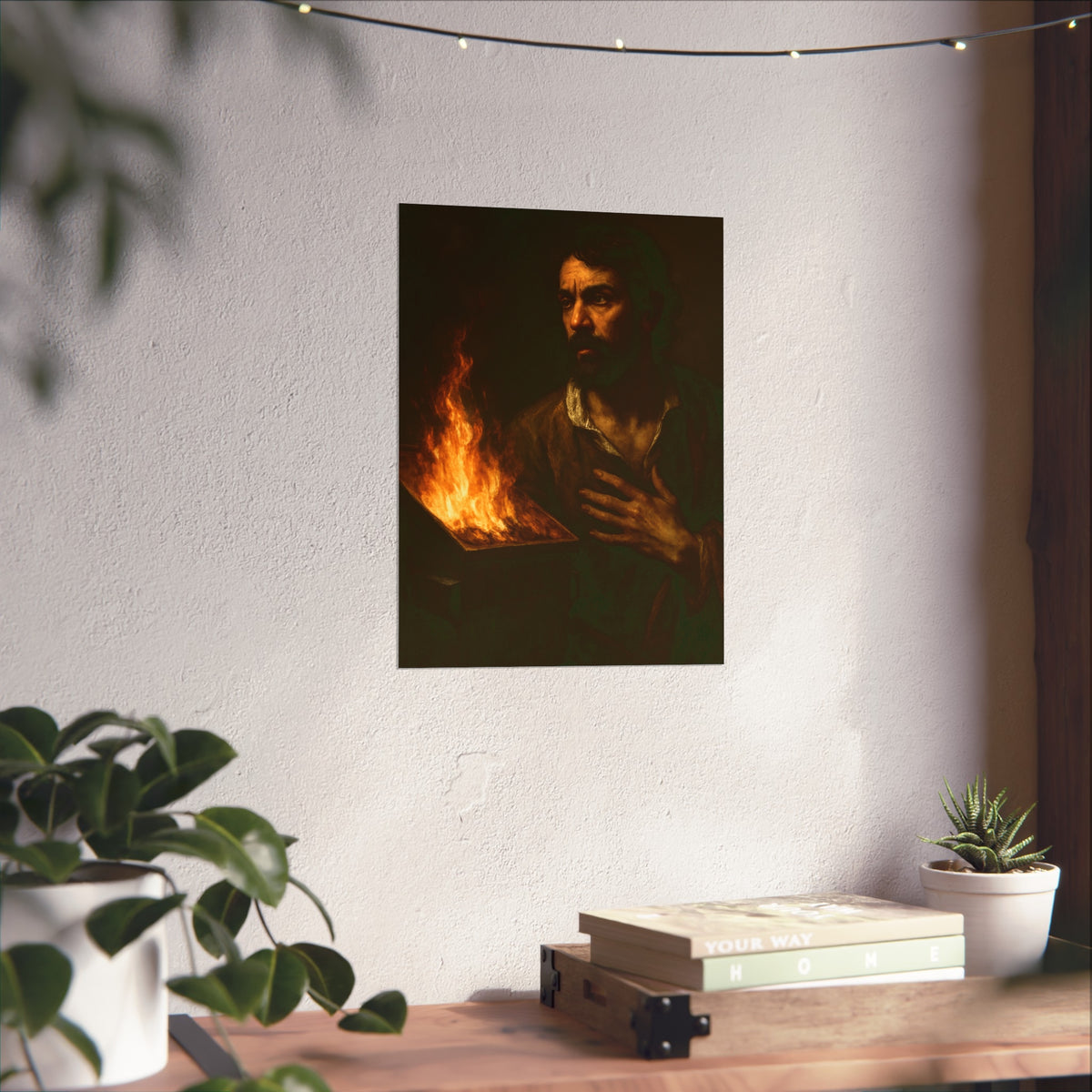 Man with a hand flat on his chest looking toward a low burning bin. Self-Portrait with Oath by Garabaggio, fine art print hanging in a room.