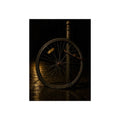 A bent bicycle wheel locked to a post on wet pavement. The Last Lock by Garabaggio, fine art print, 12″ x 16″.