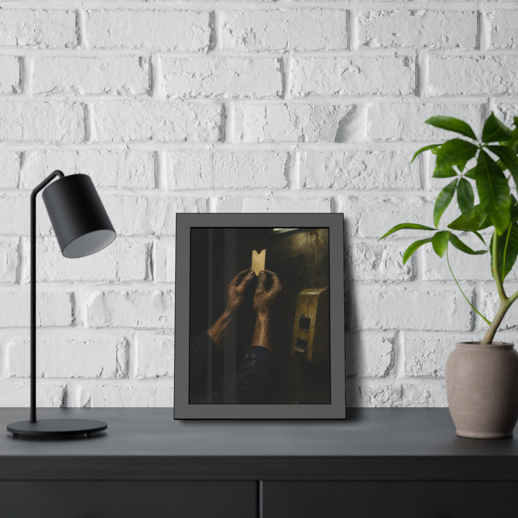 Weathered hands holding a paper queue ticket under a fluorescent tube. The First Number by Garabaggio, framed fine art print hanging in a room.