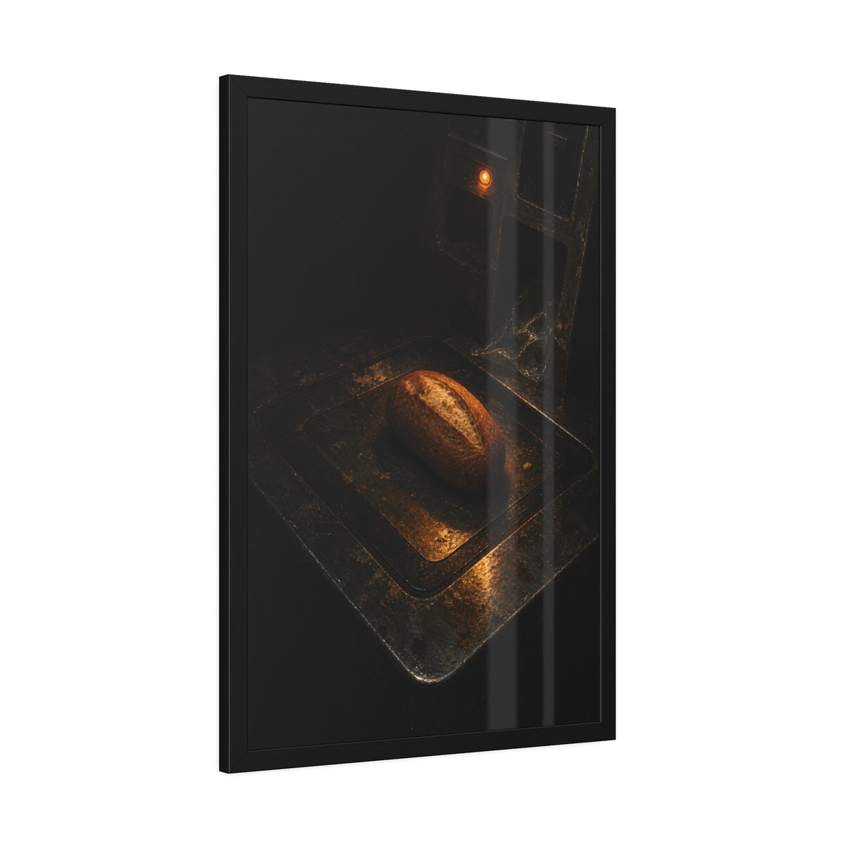 A loaf of bread alone on a dark self checkout weighing plate. The Witness at the Scale by Garabaggio, framed fine art print hanging in a room.