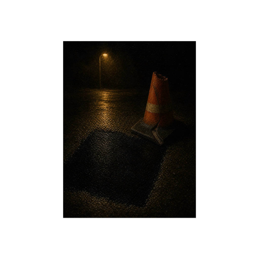 A traffic cone beside a fresh asphalt patch under a street lamp. The Sentinel After Repair by Garabaggio, fine art print, 12″ x 16″.