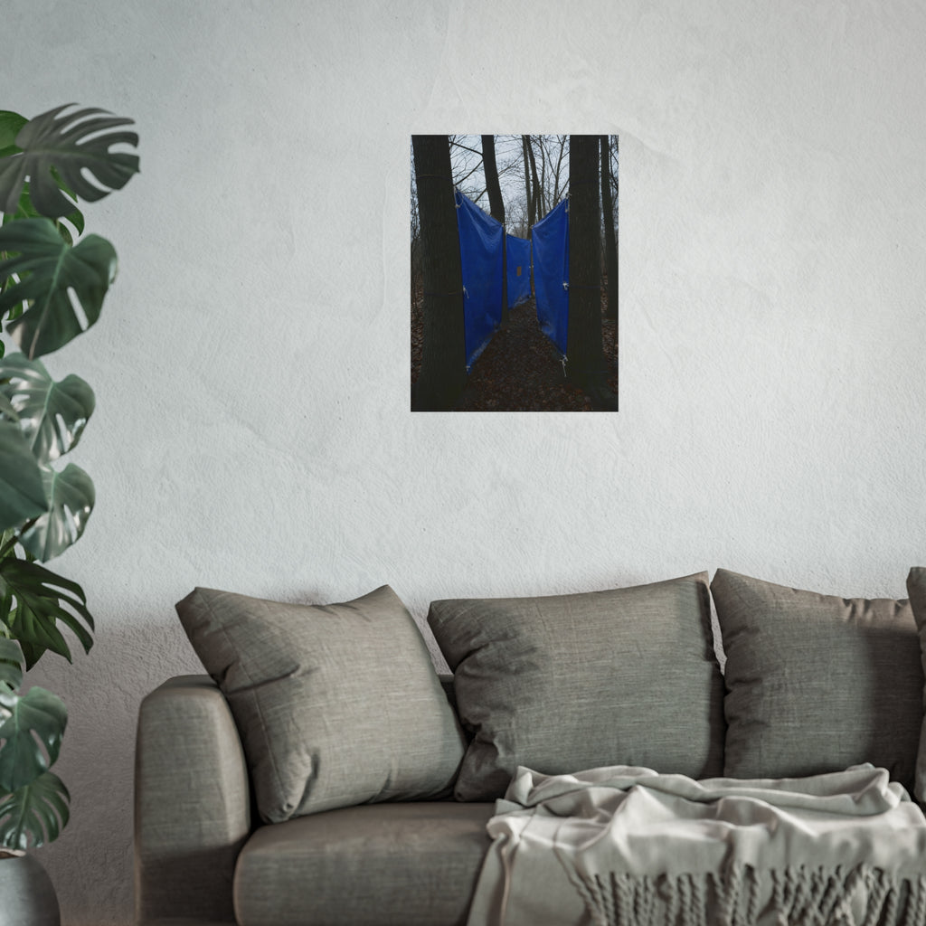 Blue tarps tied between bare trees forming a corridor over dead leaves. Passage Between Trees by Garabaggio, fine art print hanging in a room.