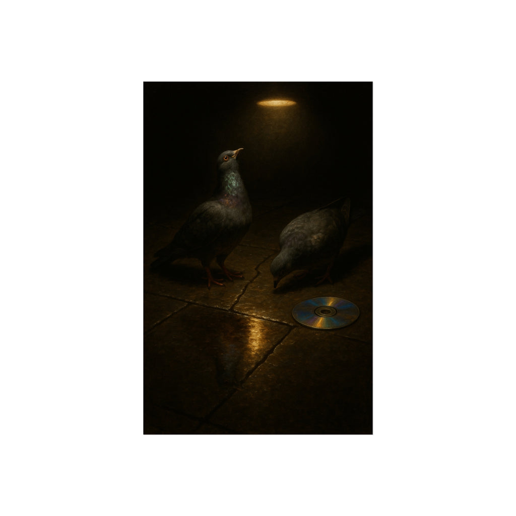 Two pigeons on wet paving stones beside a disc catching the lamplight. The Vigil on Wet Pavement by Garabaggio, fine art print hanging in a room.