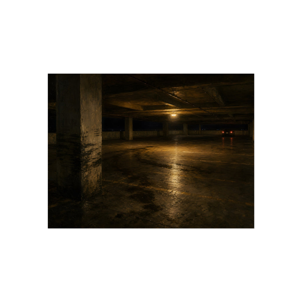 An empty concrete parking deck lit by one ceiling lamp, tail lights beyond. The Parking Garage, Level 4 by Garabaggio, fine art print, 16″ x 12″.