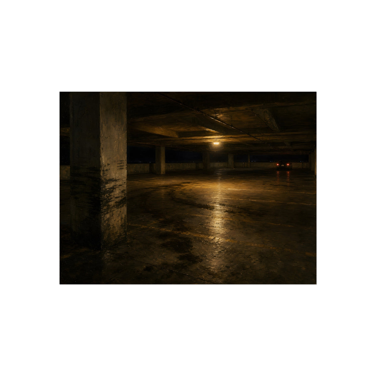 An empty concrete parking deck lit by one ceiling lamp, tail lights beyond. The Parking Garage, Level 4 by Garabaggio, fine art print, 16″ x 12″.