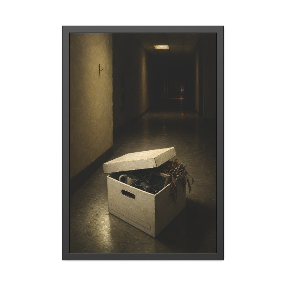 An open box of desk items on the floor of a dim office hallway. The Box of Personal Effects by Garabaggio, framed fine art print, 24″ x 36″.
