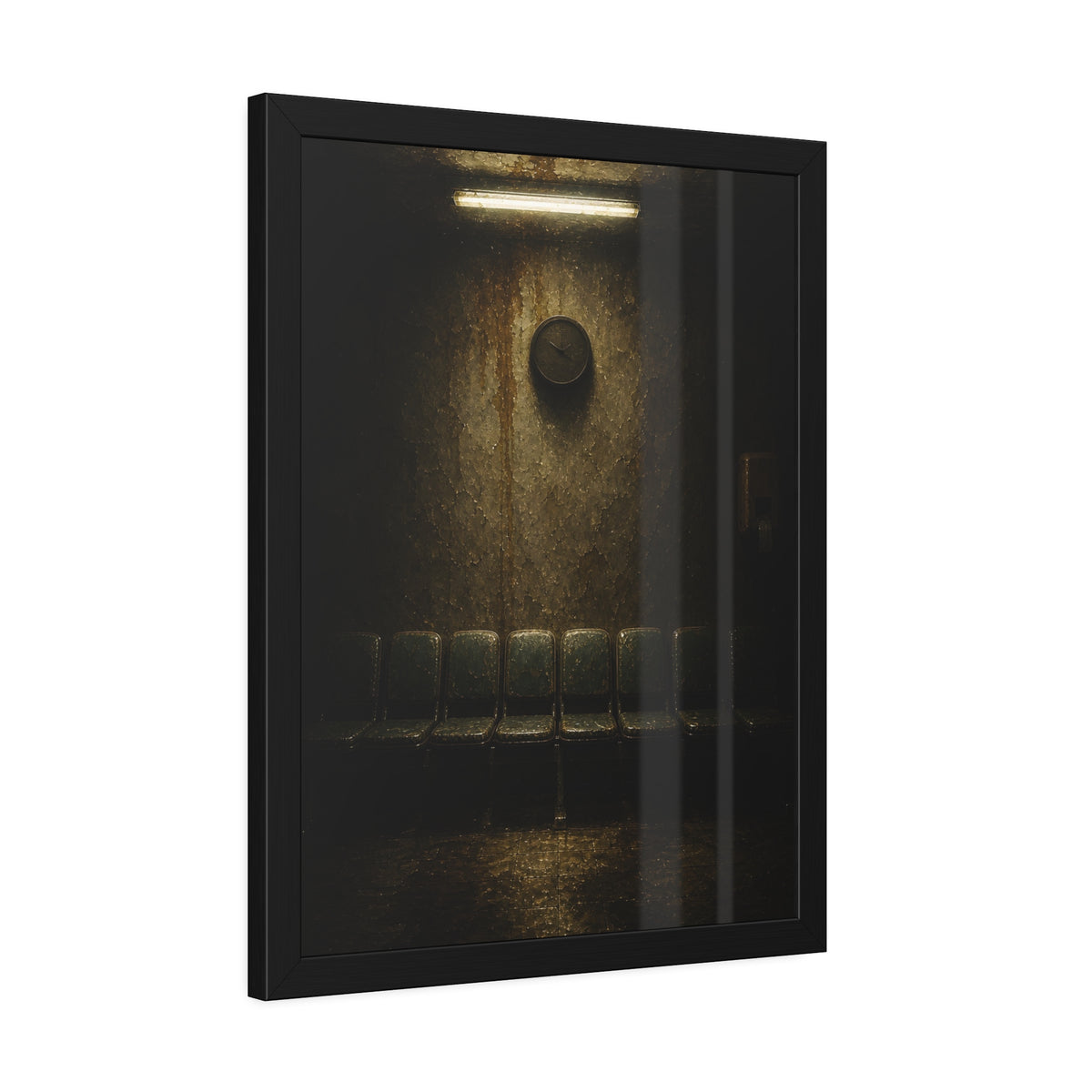 Empty waiting room seats below a stained wall clock and a strip light. Afternoon Without Movement by Garabaggio, framed fine art print hanging in a room.