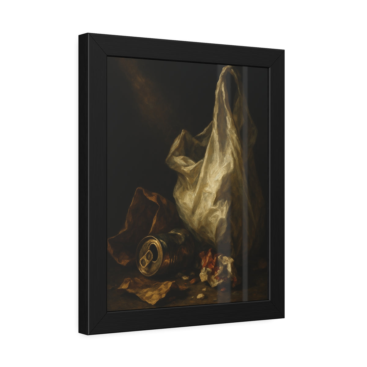 A white plastic bag standing upright in a shaft of light. The Annunciation of the Plastic Bag by Garabaggio, framed fine art print hanging in a room.