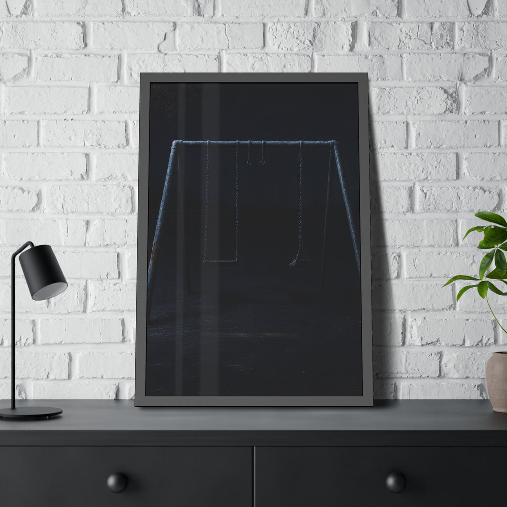 An empty swing set in near darkness with one seat twisted. The Fourth Hour: The Floodlights Cut by Garabaggio, framed fine art print hanging in a room.