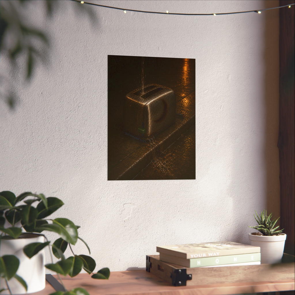 A toaster on a wet curb with water pouring into its slots. Rain Through the Slots by Garabaggio, fine art print hanging in a room.