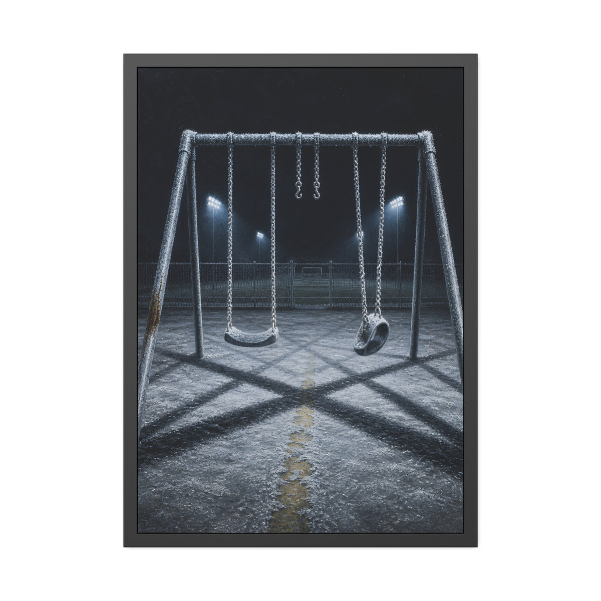A frost covered swing set on empty asphalt under distant floodlights. The Third Hour: The Coldest Part by Garabaggio, framed fine art print, 28″ x 40″.