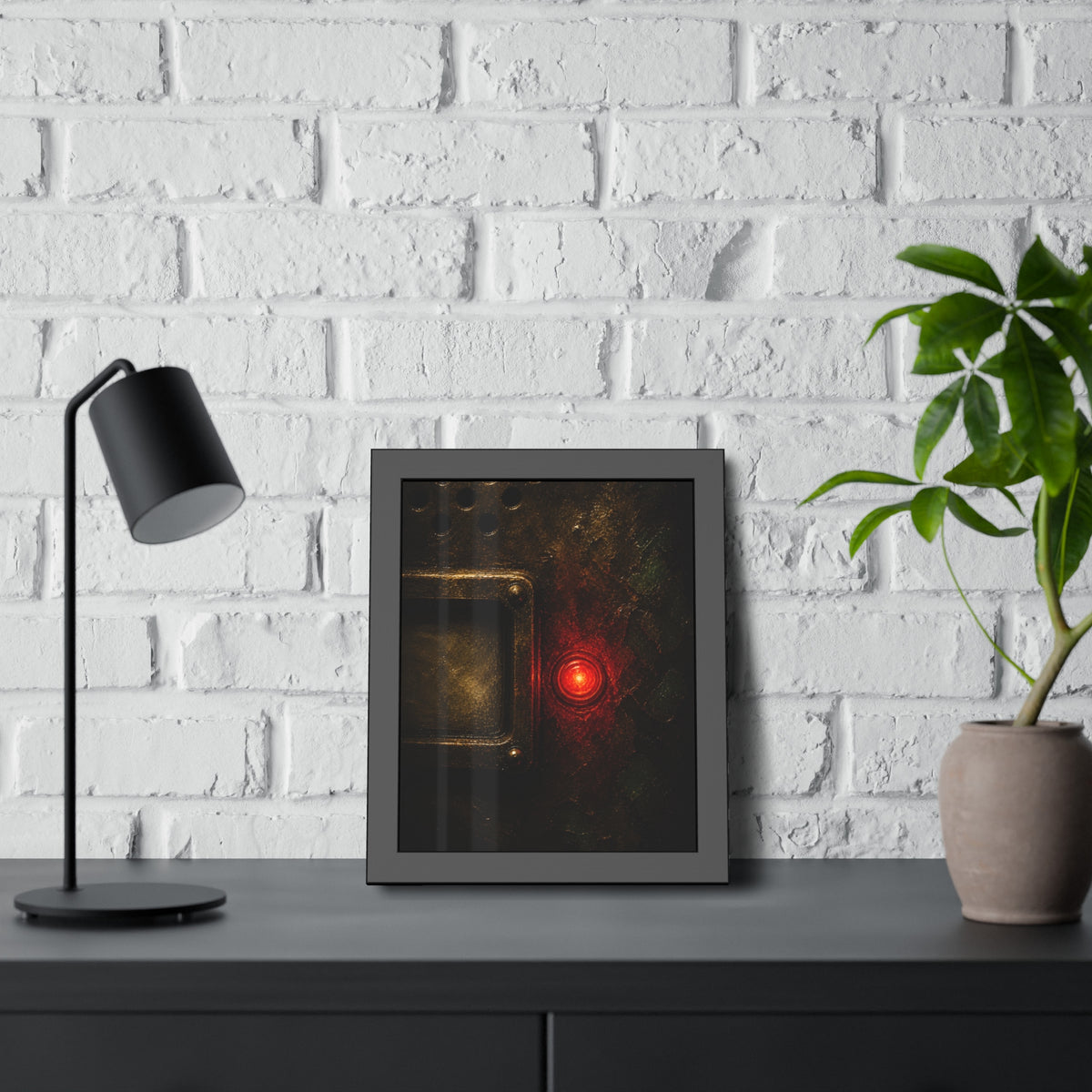 Close view of an intercom panel with one red button glowing in the dark. The Stuck Red Light by Garabaggio, framed fine art print hanging in a room.