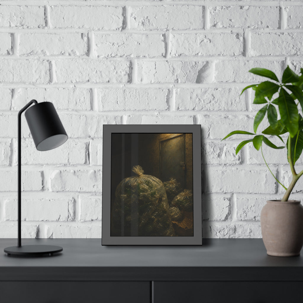 Clear bags of empty bottles piled by a padlocked door under a wall lamp. The Gathering of Empties by Garabaggio, framed fine art print hanging in a room.