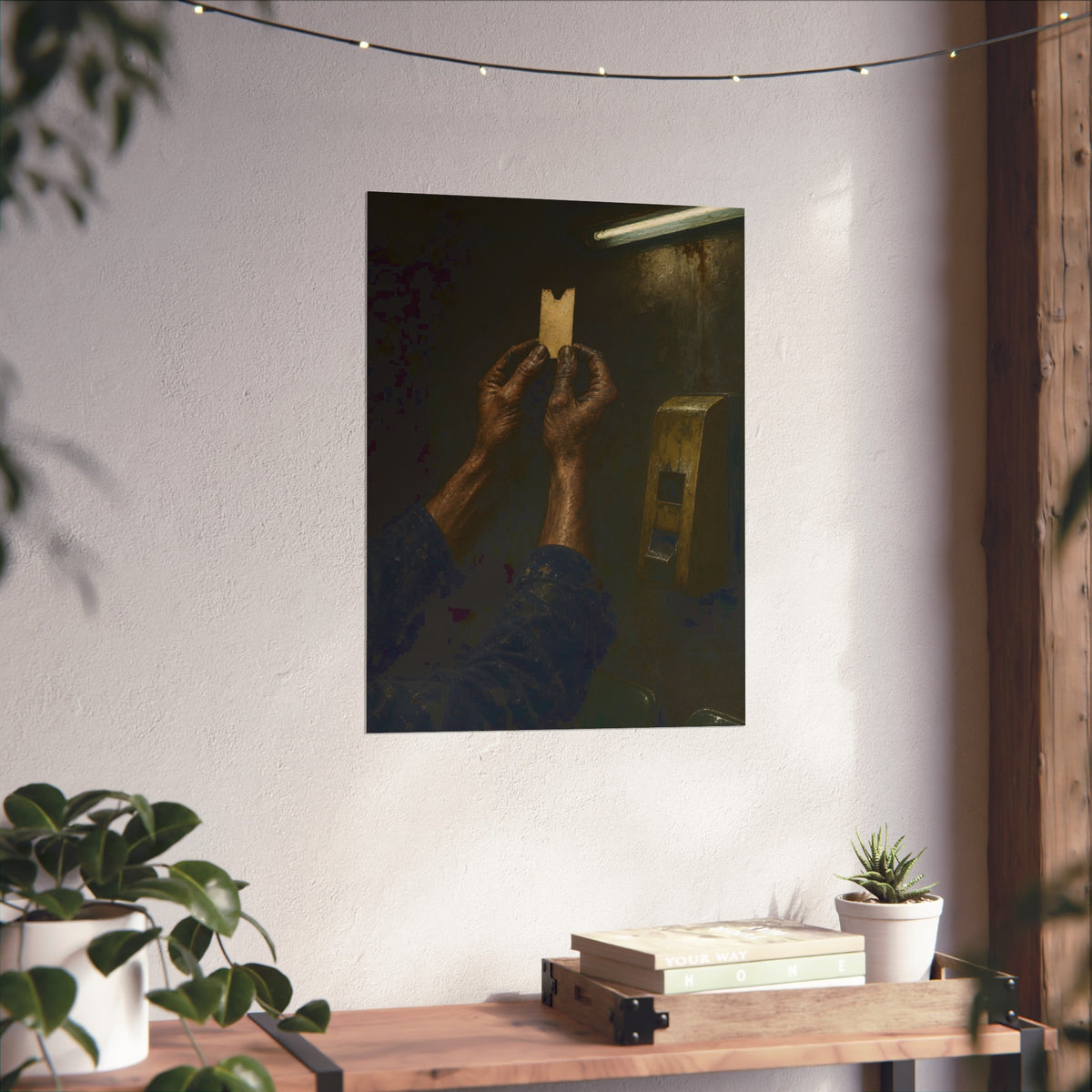 Weathered hands holding a paper queue ticket under a fluorescent tube. The First Number by Garabaggio, fine art print hanging in a room.