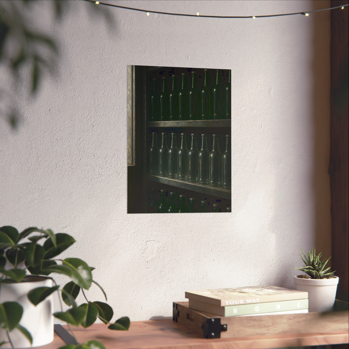 Rows of empty bottles on dim metal shelves, green above and clear below. The Shelf of New Bottles by Garabaggio, fine art print hanging in a room.