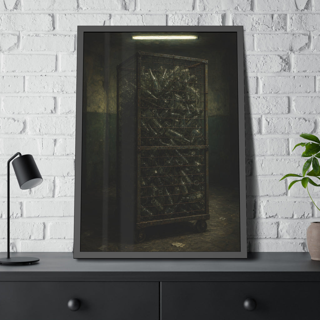 A tall wire cage cart packed with clear bottles in a dim concrete room. The Cage of Clear Glass by Garabaggio, framed fine art print hanging in a room.