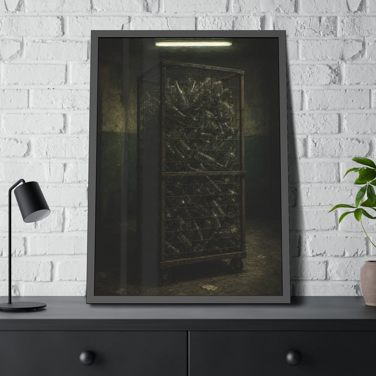 A tall wire cage cart packed with clear bottles in a dim concrete room. The Cage of Clear Glass by Garabaggio, framed fine art print hanging in a room.