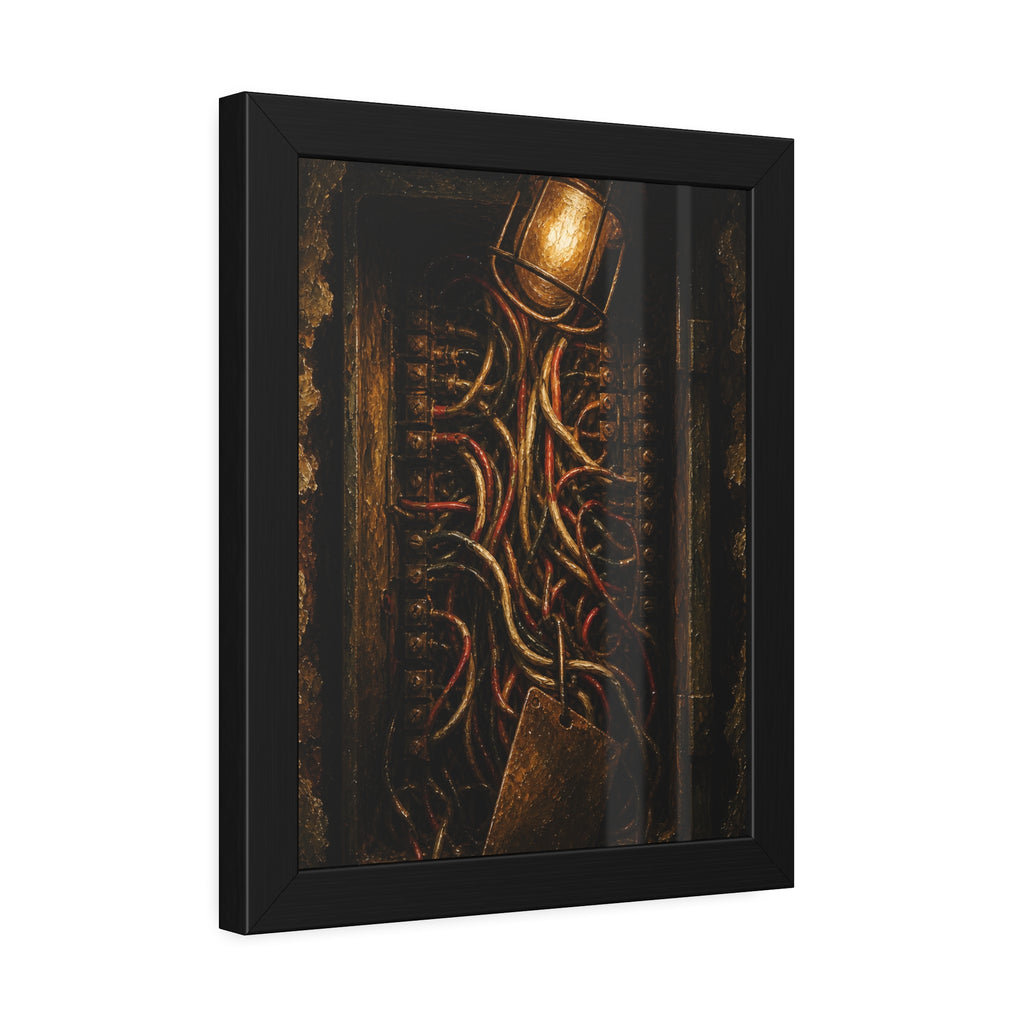 An open intercom box crowded with red and white wires under a bare bulb. The Wires Behind Names by Garabaggio, framed fine art print hanging in a room.