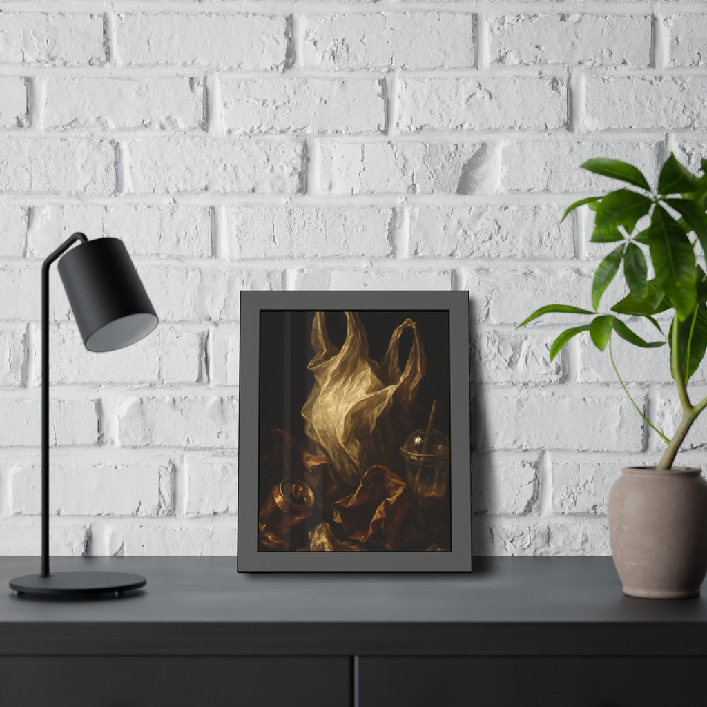 A plastic bag held open above a crushed can and a plastic cup with straw. The Apparition of the Bag by Garabaggio, framed fine art print hanging in a room.