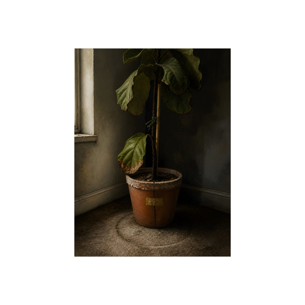 A leafy potted fig staked to a cane in a taped clay pot beside a window. The Corner by the Window by Garabaggio, fine art print, 12″ x 16″.