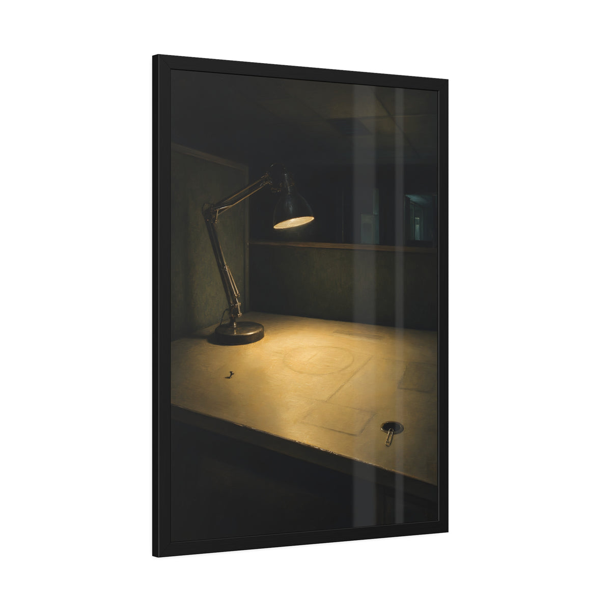 A lit desk lamp on an emptied office desk at night. The Desk Lamp Still Warm by Garabaggio, framed fine art print hanging in a room.