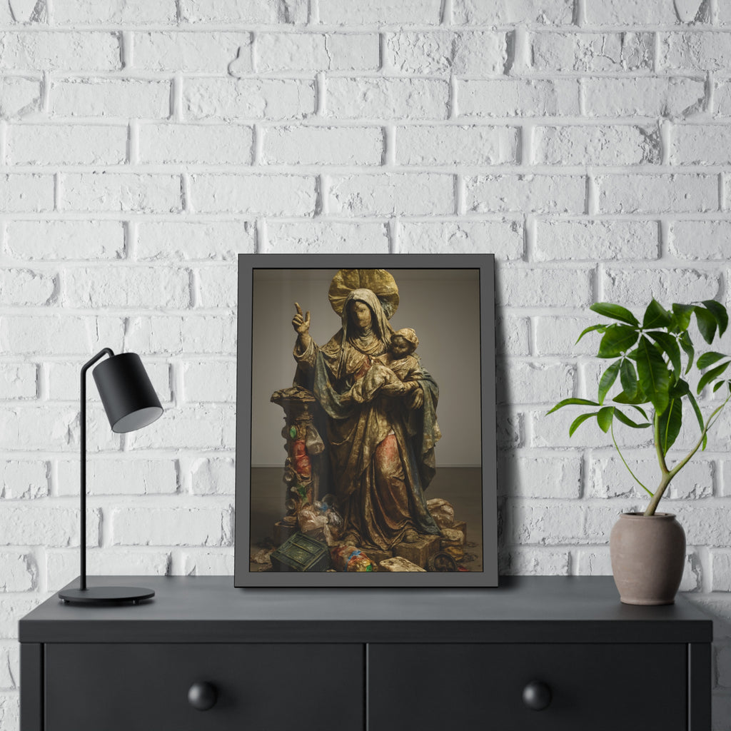 A standing veiled figure holding a child, refuse piled around the base. The Virgin of the Landfill by Garabaggio, framed fine art print hanging in a room.