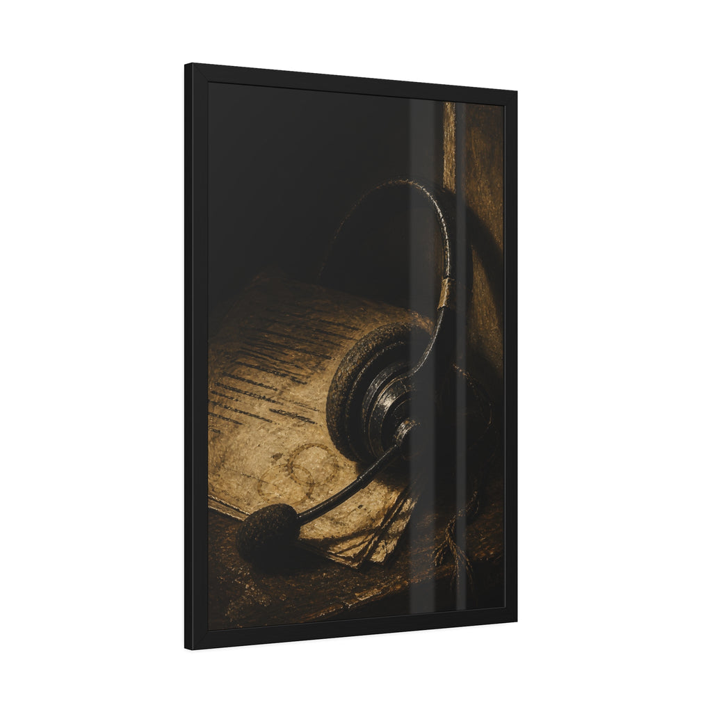 A worn headset resting on a printed script page with coffee rings. The Script Beside the Mouthpiece by Garabaggio, framed fine art print hanging in a room.