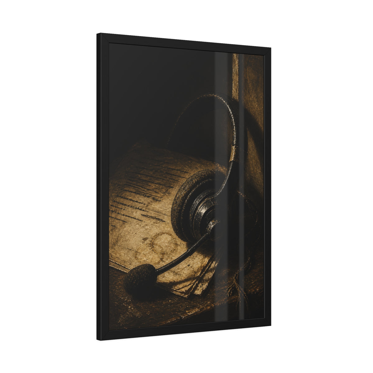 A worn headset resting on a printed script page with coffee rings. The Script Beside the Mouthpiece by Garabaggio, framed fine art print hanging in a room.