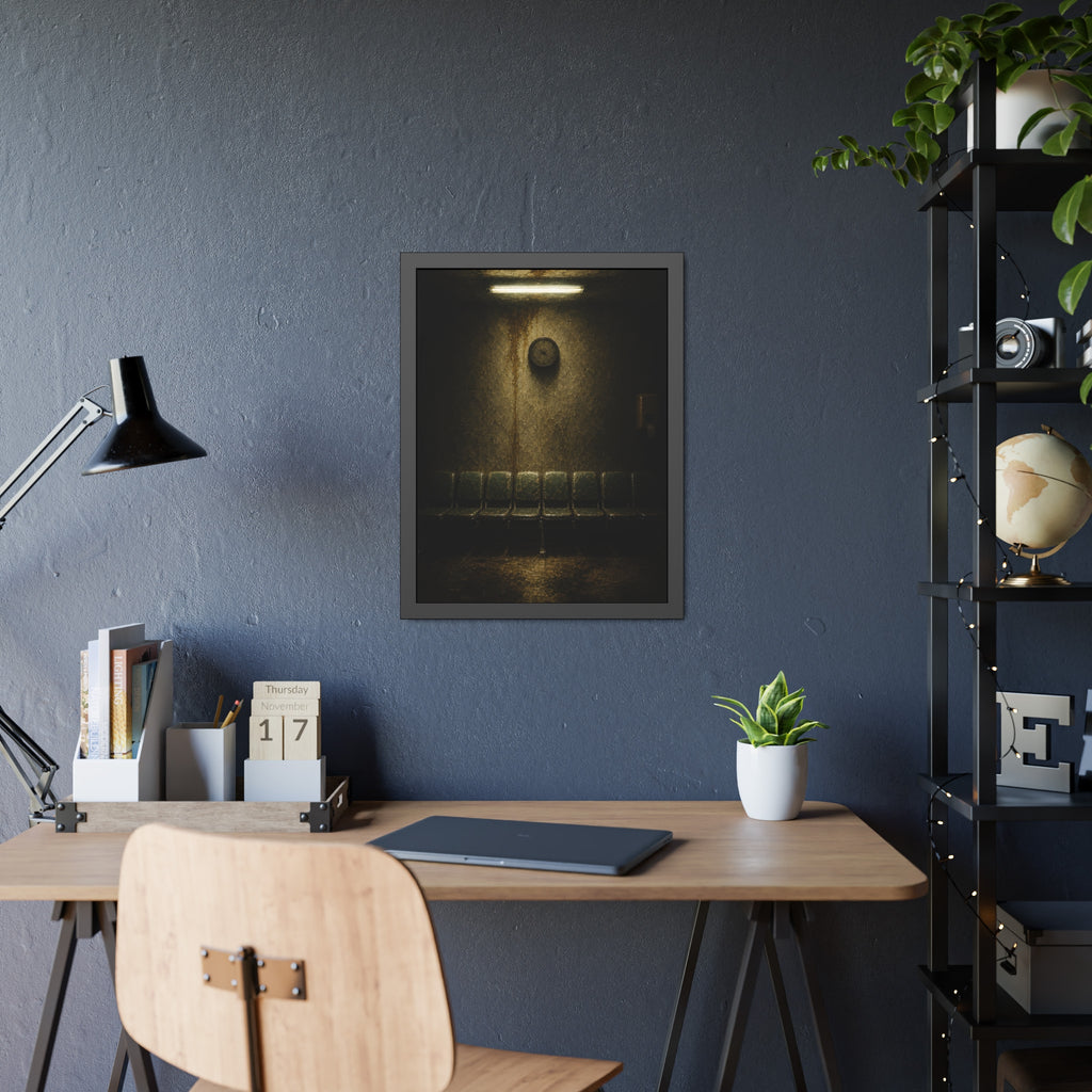Eight worn seats in a row under a wall clock and one fluorescent tube. Eight Seats and a Clock by Garabaggio, framed fine art print hanging in a room.