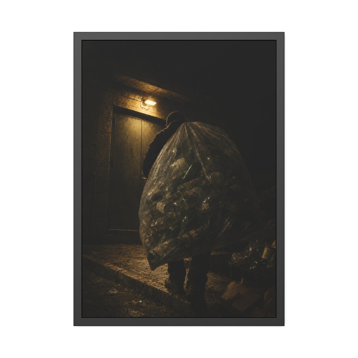 A man carrying a huge bag of bottles past a lit doorway at night. The Bag Carried Before Dawn by Garabaggio, framed fine art print, 28″ x 40″.