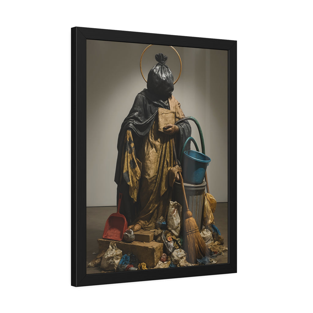 A robed figure with a garbage bag head and gold halo holding a broom. The Custodian Enthroned by Garabaggio, framed fine art print hanging in a room.