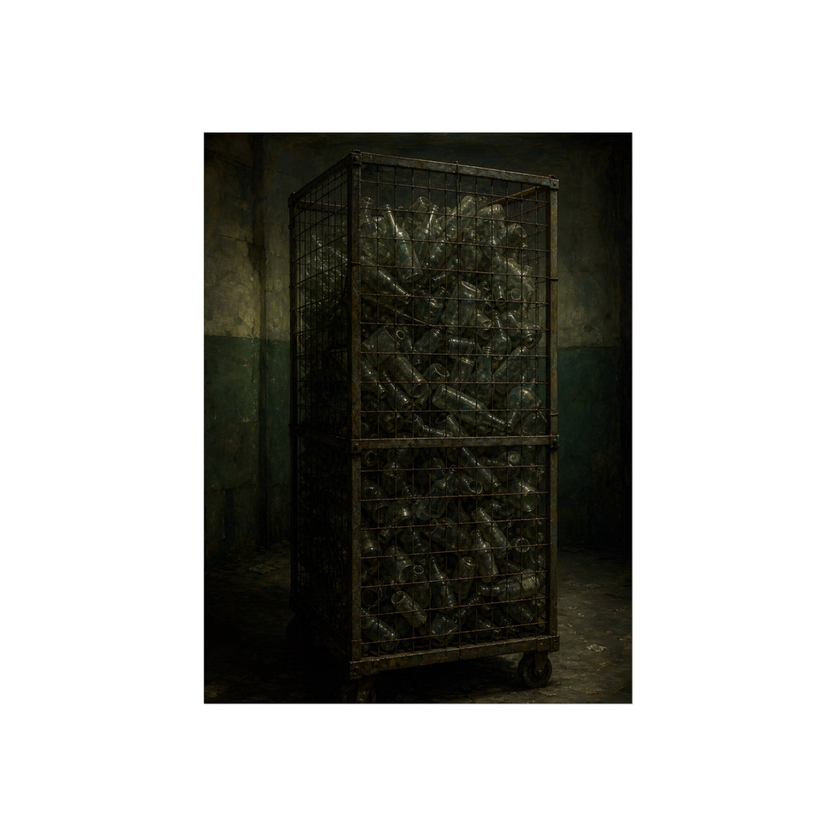 A tall wire cage cart packed with clear bottles in a dim concrete room. The Cage of Clear Glass by Garabaggio, fine art print, 18″ x 24″.