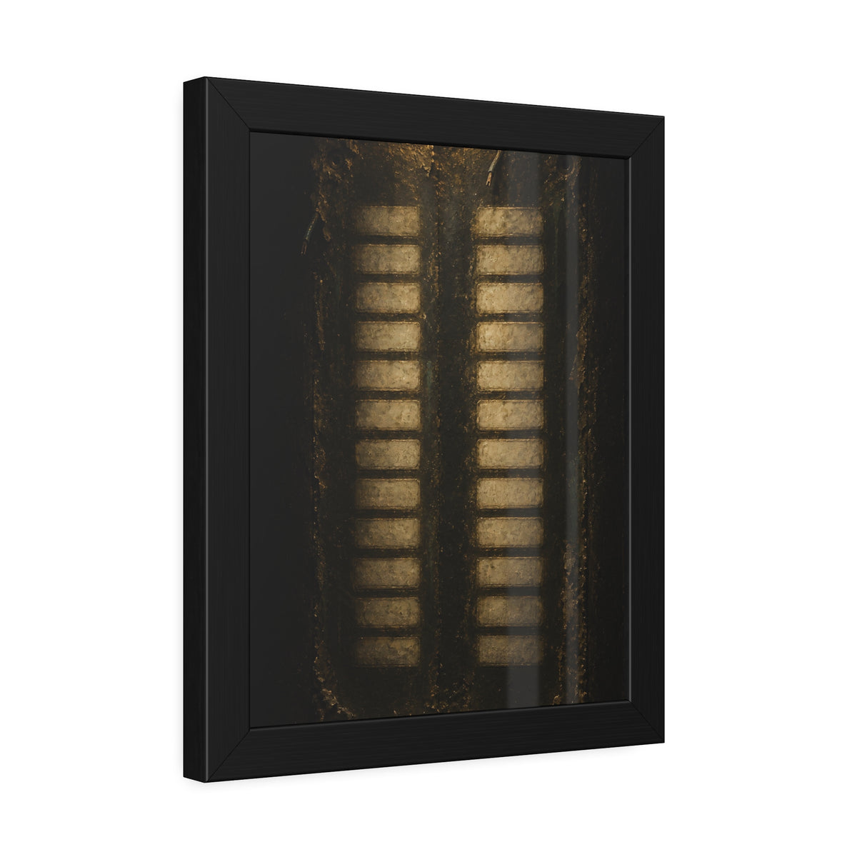 Two columns of blank name slots on a corroded intercom panel. Twenty-Four Pale Rectangles by Garabaggio, framed fine art print hanging in a room.