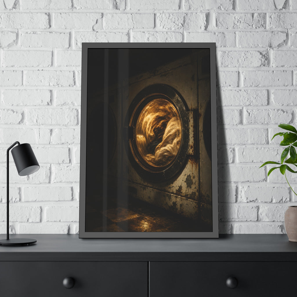 A washer drum tumbling laundry lit amber behind its glass door. The First Spin by Garabaggio, framed fine art print hanging in a room.