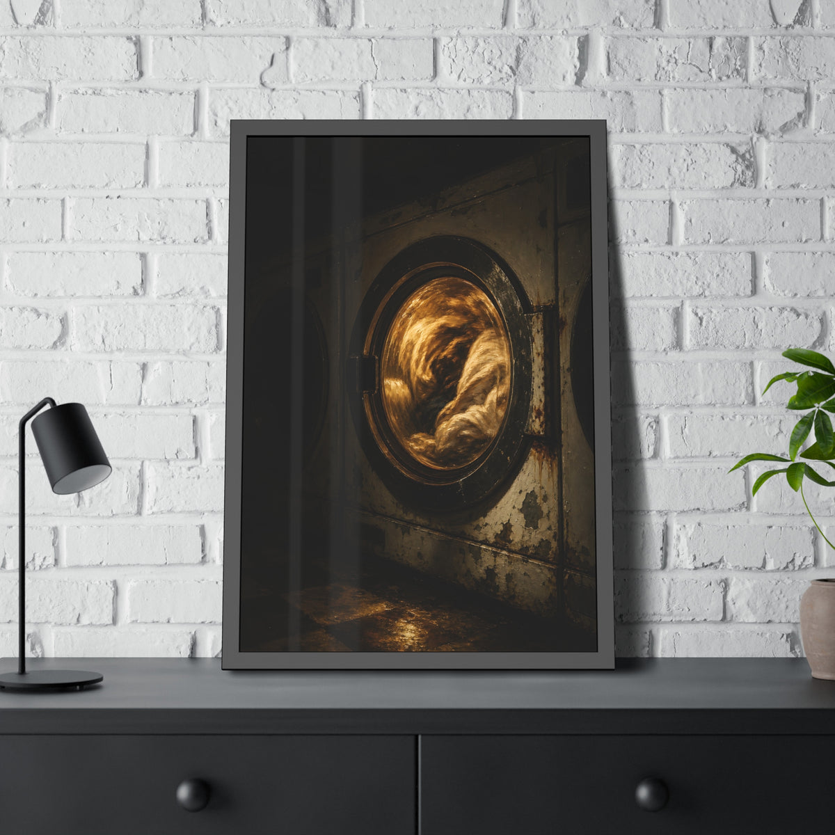 A washer drum tumbling laundry lit amber behind its glass door. The First Spin by Garabaggio, framed fine art print hanging in a room.