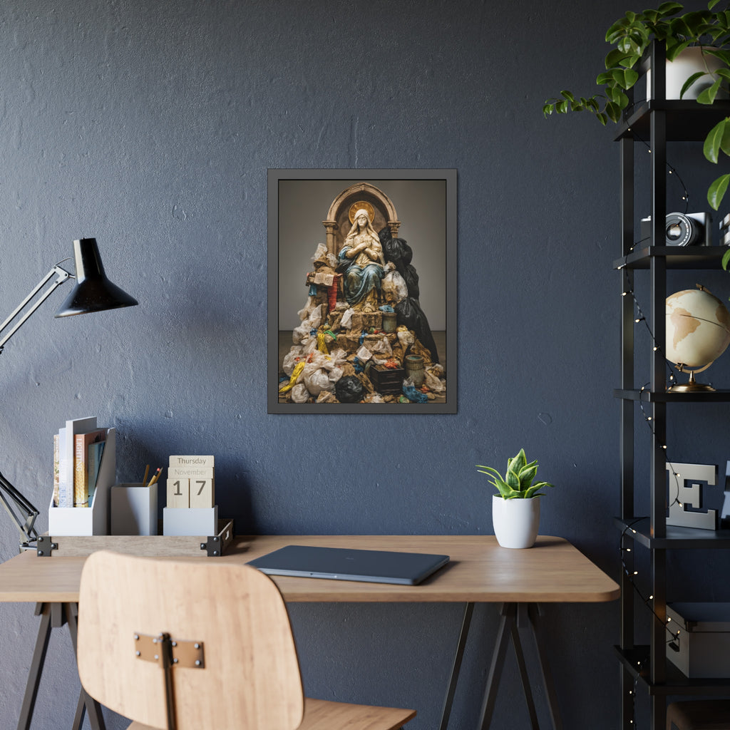 A robed statue on a mound of garbage bags in a gallery. The Immaculate Collection by Garabaggio, framed fine art print hanging in a room.