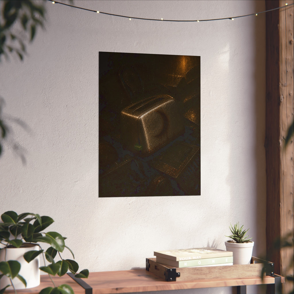 A scorched toaster resting on a heap of scrap appliances in dim light. The Arrival at Scrap by Garabaggio, fine art print hanging in a room.