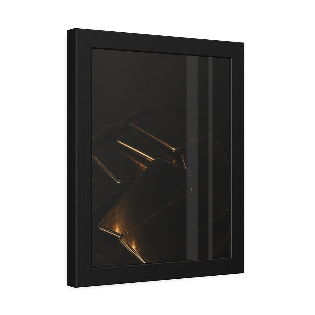 Stack of dead phone screens on dark cloth, edges catching warm light. After the Light Goes Out by Garabaggio, framed fine art print hanging in a room.