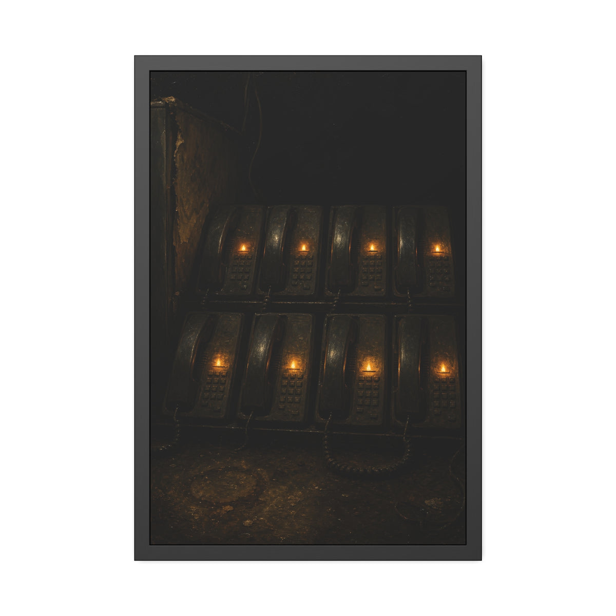 Rows of wall phones, each keypad lit by a small amber flame. The Votive Lights of the Hold Queue by Garabaggio, framed fine art print, 24″ x 36″.