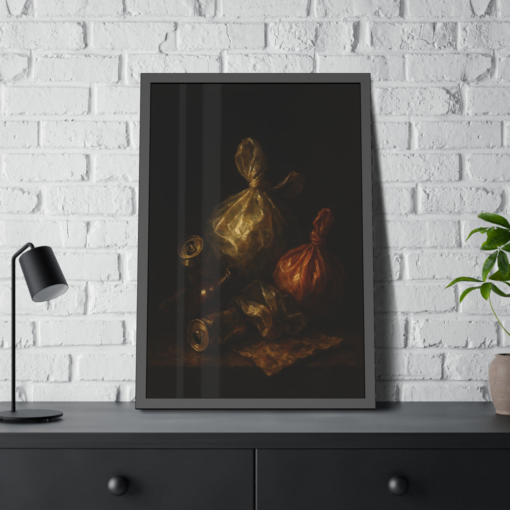 Two knotted plastic bags and crushed cans on a dark table. The Knotted Offering by Garabaggio, framed fine art print hanging in a room.