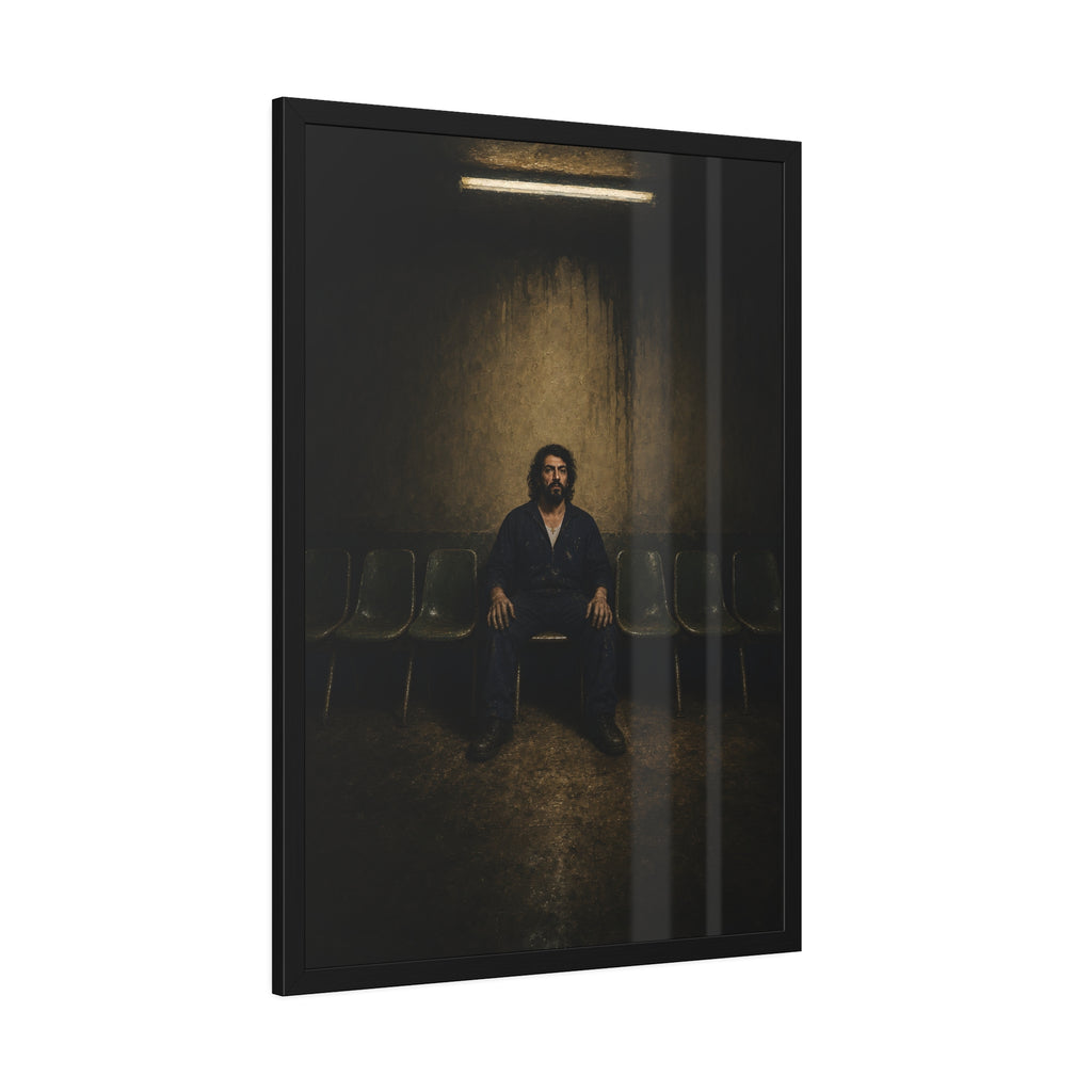 A man sits in the middle of a row of empty chairs under a wall light. Garabaggio Takes the Middle Chair by Garabaggio, framed fine art print hanging in a room.