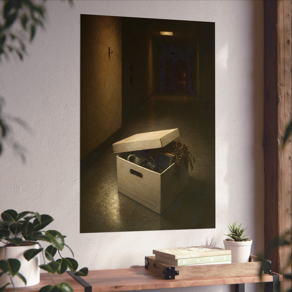 An open box of desk items on the floor of a dim office hallway. The Box of Personal Effects by Garabaggio, fine art print hanging in a room.