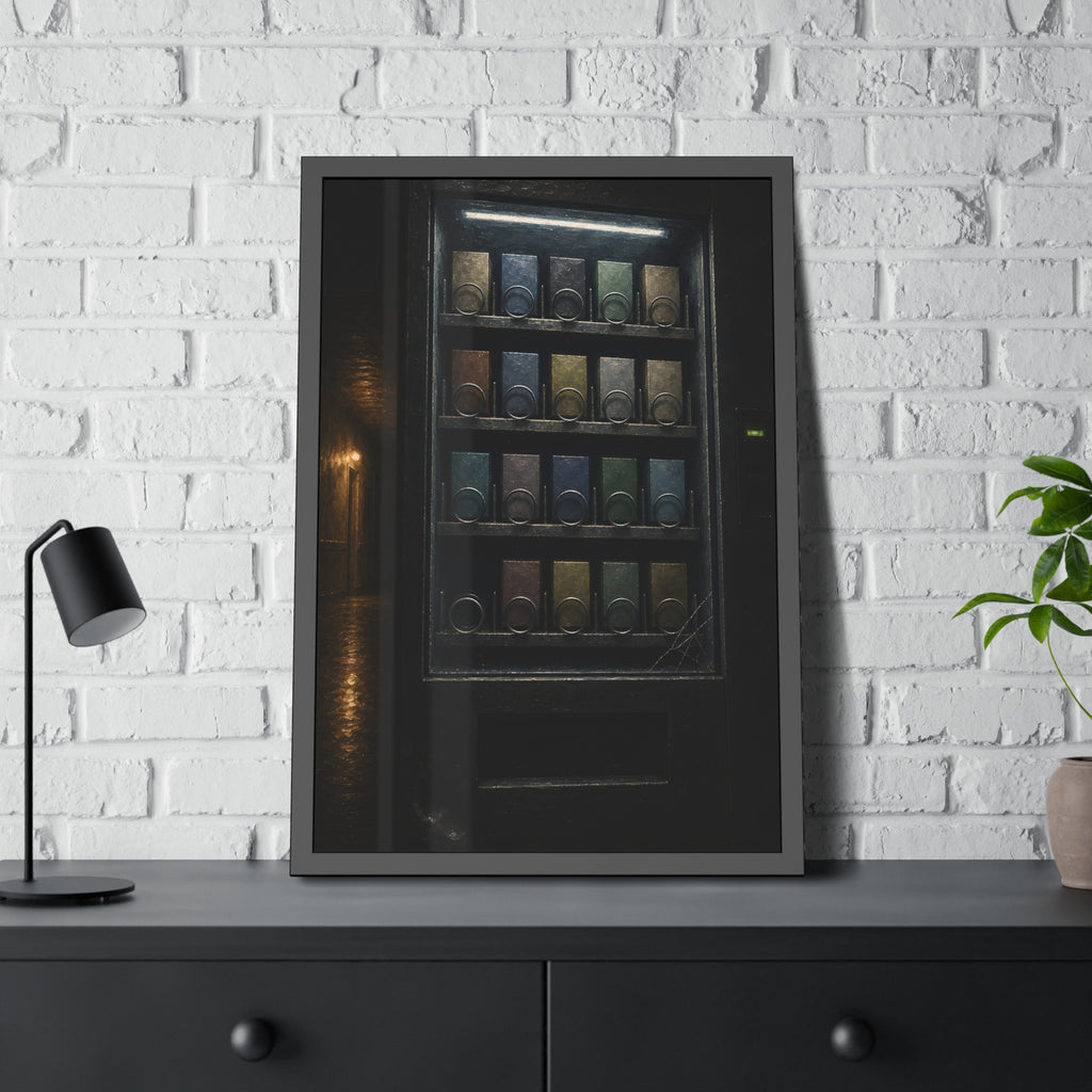 Rows of coils behind the lit glass of a vending machine in a dark hall. The First Empty Spiral by Garabaggio, framed fine art print hanging in a room.
