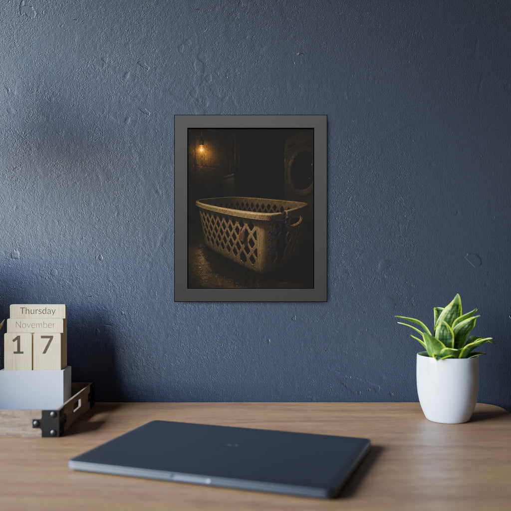 A laundry basket laced shut with blue cord under a bare bulb. The Binding with Blue Cord by Garabaggio, framed fine art print hanging in a room.