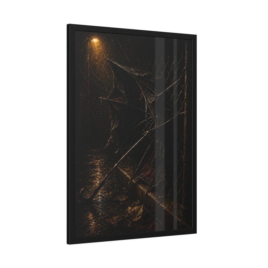 A broken umbrella pinned to a chain link fence under a rainy streetlamp. The Scourging by the Wind by Garabaggio, framed fine art print hanging in a room.