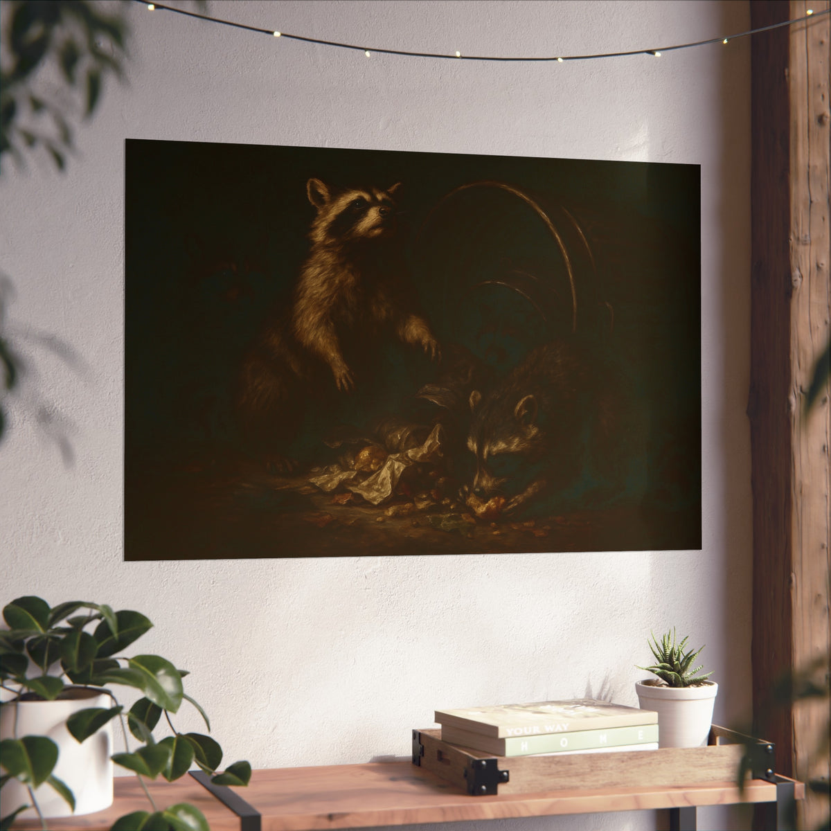 Raccoons feeding on scraps around a tipped metal trash can in the dark. The Calling of St. Trash by Garabaggio, fine art print hanging in a room.