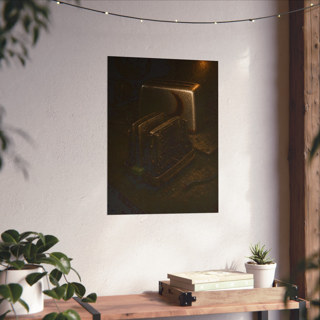 A toaster with its side panel opened to expose the heating elements. The Opening of the Shell by Garabaggio, fine art print hanging in a room.