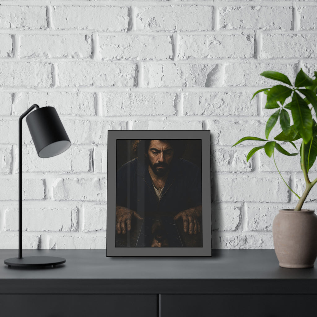 A bearded man in coveralls looking down at his face in a cracked screen. The Mirror After Midnight by Garabaggio, framed fine art print hanging in a room.